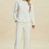 Double Take Full Size Texture Round Neck Long Sleeve Top and Pants Set - Beige
