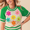 BiBi Crochet Flower Patches Striped Rib Band Sweater - JADE