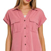 Zenana Tencel V-neck Collared Top W Front Flap Pockets - DUSTY ROSE