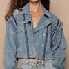POL Cropped Denim Jacket with Functional Zipper Detail - Dusty Blue