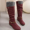 Knee High Slouch Boots with Knit Cuff - Burgundy