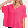 Zenana Drop Shoulder Short Sleeve Jacquard Knit Top - Fuchsia