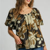 Umgee Full Size Print Round Neck Puff Sleeve Top Plus Size - CAMEL MIX