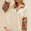 BiBi French Terry Knit and Aztec Print Mixed Top - CREAM