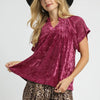 Umgee Crushed Velvet Pleated Blouse - BERRY