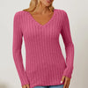 Basic Bae Full Size Ribbed V-Neck Long Sleeve T-Shirt - Hot Pink