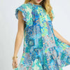 Umgee Printed Ruffle Cap Sleeve Mini Dress - Neon Green