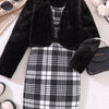 Children's Fuzzy Cardigan & Plaid Dress Set - Black