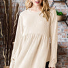 Heimish Full Size Round Neck Long Sleeve Ribbed Babydoll Top - Cream
