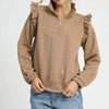Umgee Cable Knit Textured Pullover with Ruffle Shoulders - Taupe