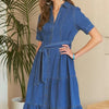 ADORA Tiered Button Down Tie Waist Short Sleeve Denim Dress - Dark