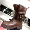 Buckled Leather Block Heel Boots - Brown