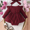 Children's Heart Print Ruffle Trim Bodysuit Dress with Headband - Wine Red
