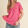 Aemi + Co Side Slit V-Neck Short Rolled Sleeve T-Shirt - Hot Pink
