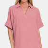 Zenana Texture Collared Neck Short Sleeve Top - Lt Rose