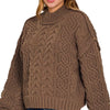 Zenana Cable-Knit Ribbed Turtleneck Sweater - BROWN