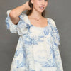 Umgee Full Size Two Tone Toile Print Top Plus Size - Light Blue