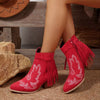 Fringe Point Toe Block Heels Boots - Red