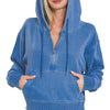 Zenana Fleece Pigment Dye Half Zip Kangaroo Pocket Hoodie - CLASSIC BLUE