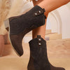 Mid-Calf Western Boots with Block Heels - Coffee Brown