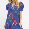 Umgee Floral Print Puff Sleeve Mini Dress with Scallop Trim - BLUE