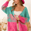 BiBi Color Block Ponpon Sweater Cardigan - Turquoise/Pink