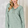 Basic Bae Full Size Ribbed Half Button Long Sleeve T-Shirt - Light Green