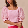 SO ME Rosette Sleeves Square Neck Sweater Knit Top - BLUSHPINK