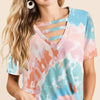 BiBi Tie-Dye V-Neck Cutout Short Sleeve T-Shirt - PINK/MINT