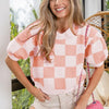 BiBi Check Pattern Short Puff Sleeve Sweater Top - IVORY/CORAL PINK