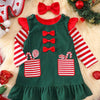 Children's Christmas Striped Bodysuit and Dress Set with Headband - Dark Green