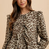Annie Wear Tied Leopard Round Neck Peplum Blouse - Mocha