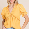 Lime 'N' Chili Solid Ruffled Deep V-Neck Puff Sleeve Babydoll Top - MANGO