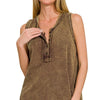 Zenana Washed Half-Button Raw Edge Sleeveless Henley Top - MAHOGANY