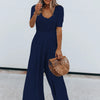 Scoop Neck Short Sleeve Jumpsuit - Dark Blue