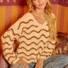 BiBi Wavy Stripes V-Neck Cropped Sweater - OATMEAL/CINNAMON