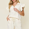 Double Take Full Size Texture Flounce Sleeve Top and Drawstring Shorts Set - Cream