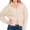 Zenana Ribbed Collared Zip Up Sweater Cardigan - SAND BEIGE