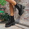 Floral Embroidered Platform Combat Boots - Black