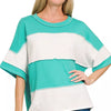 Zenana French Terry Color Block Exposed Seam Top - TURQUOISE
