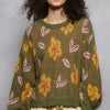 POL Floral Pattern Round Neck Balloon Sleeve Sweater - OLIVE