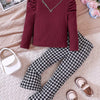 Children's Long Sleeve Top & Houndstooth Pants Set - Wine Red