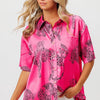 BiBi Leopard Print Short Sleeve Silky Satin Shirt Top - FUCHSIA