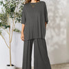 Double Take Full Size Round Neck Slit Top and Pants Set - Dark Gray