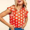 Haptics Round Neck Ruffled Floral Contrast Knit Top - Scarlet