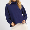 Umgee Turtle Neck Dolman Sleeve Side Slit Sweater with Contrast Detail - Navy