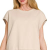 Zenana French Terry Round Neck Cap Sleeve T-Shirt - SAND BEIGE