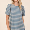 Mittoshop Contrast Striped Short Puff Sleeve Knit Top - Dusty Blue