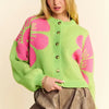 Davi & Dani Flower Contrast Round Neck Long Sleeve Cardigan - Lime