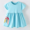 Children's Cute Rainbow Frog Embroidered Dress - Mint Blue